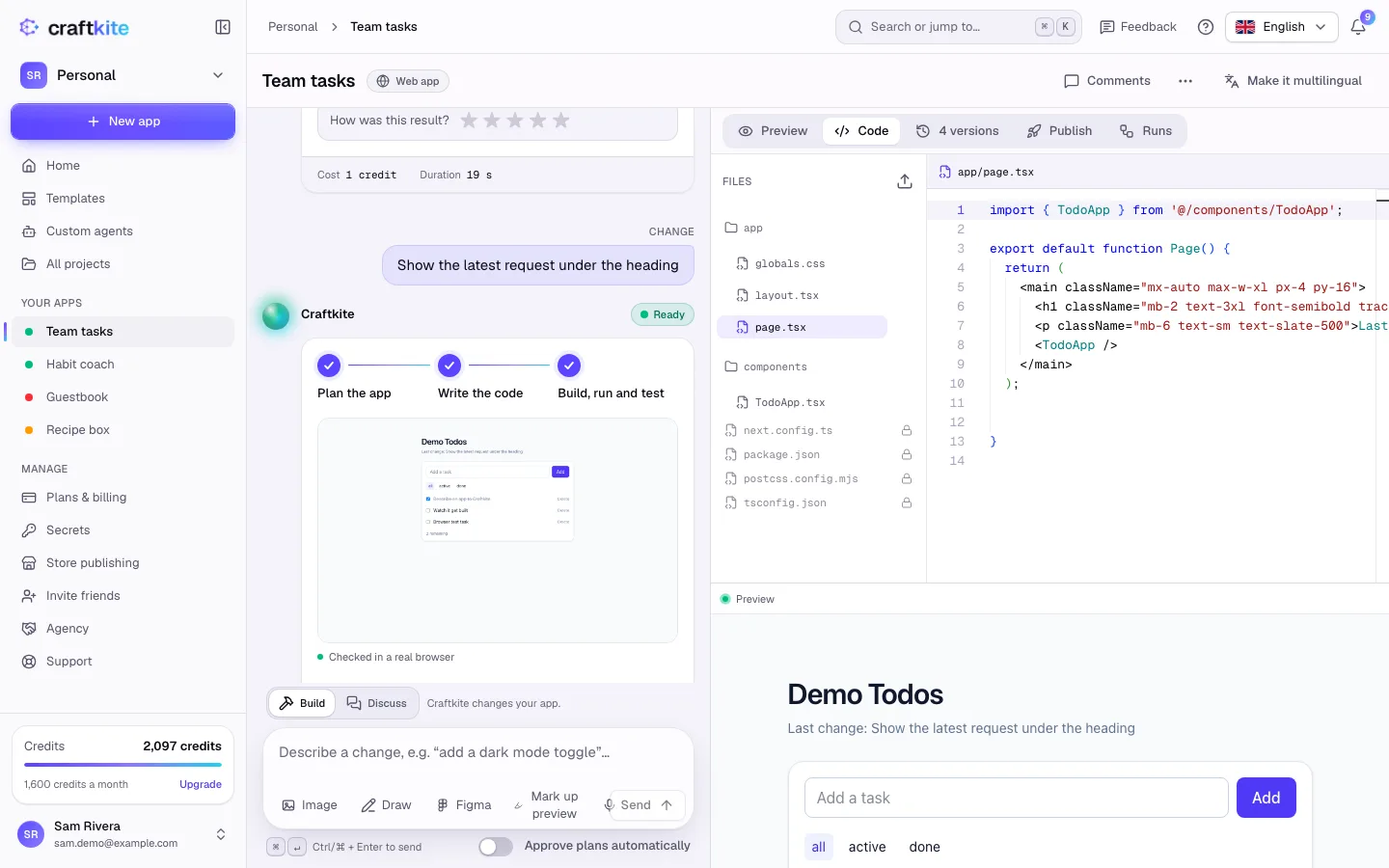 The Code tab with the file list, the editor and the running preview below