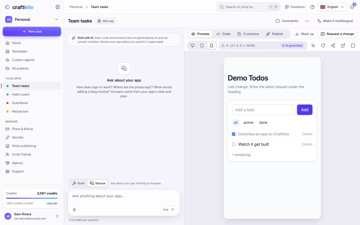 The Discuss mode with its question box