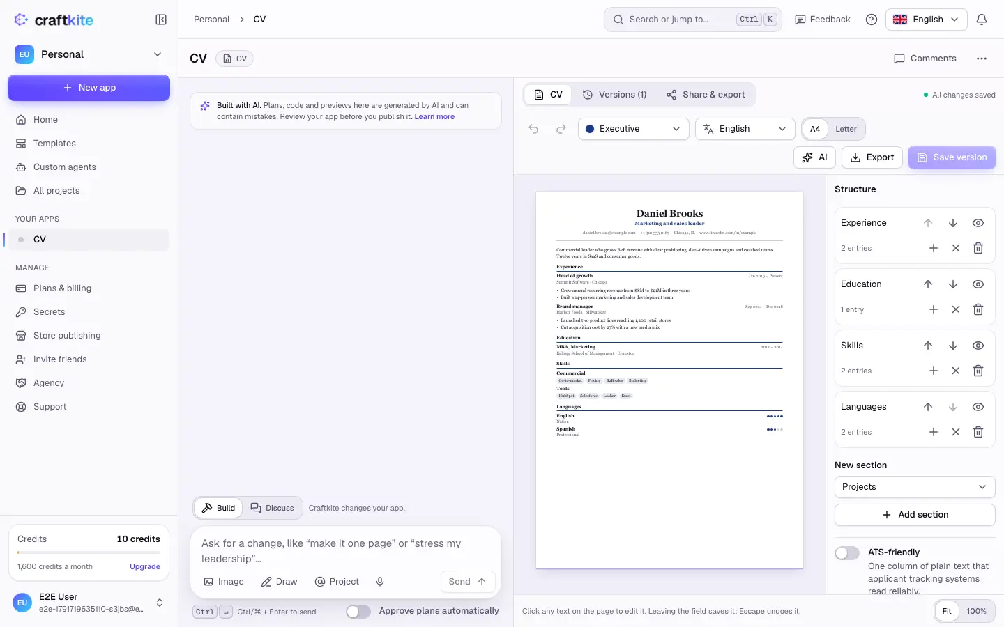 A CV open in the document workspace, with the structure panel next to the page