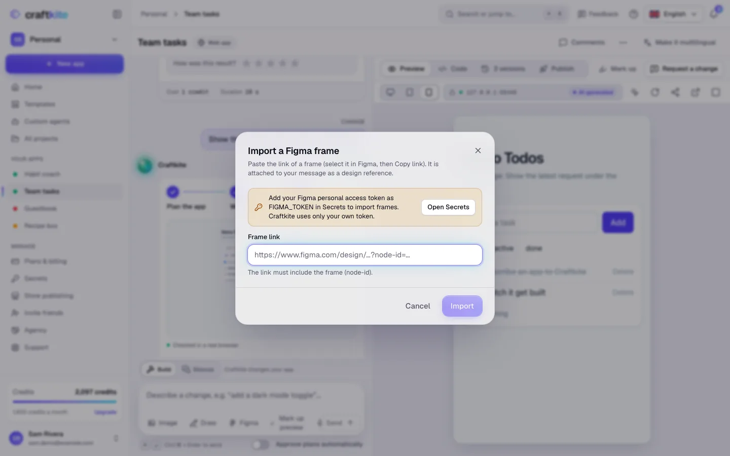The “Import a Figma frame” dialog with the frame link field