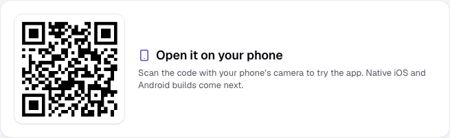 The QR code to open the published app on a phone