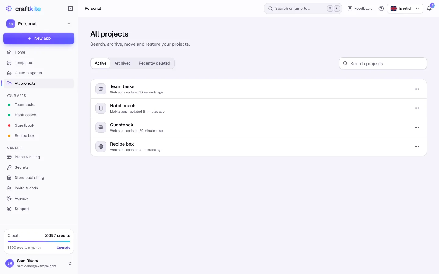 All projects with search and the Active, Archived and Recently deleted views