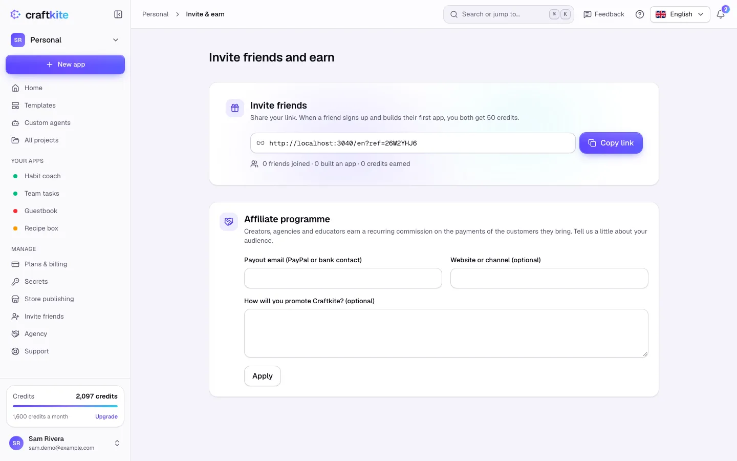 The Invite friends and earn page with your link and the affiliate program