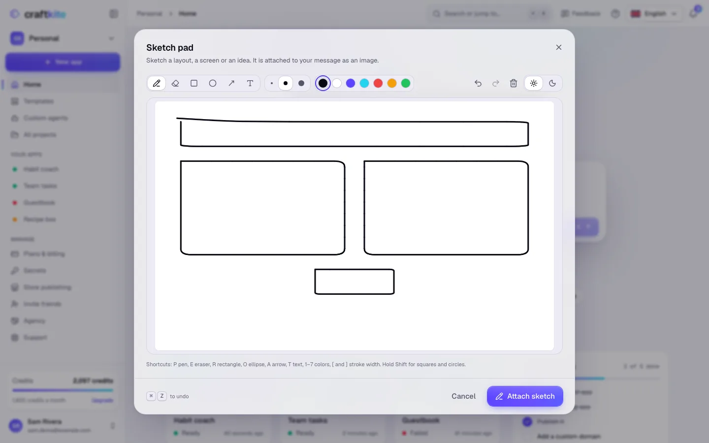 The Sketch pad with a rough layout of a page