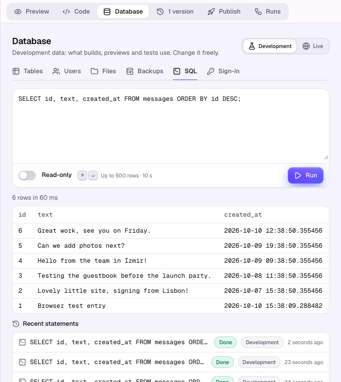 The SQL console with a query and its result