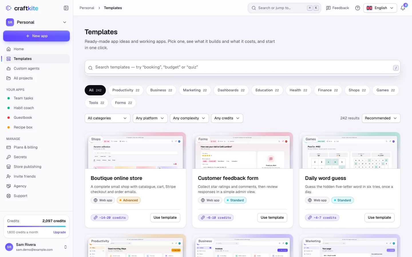 The template gallery with search, categories and filters