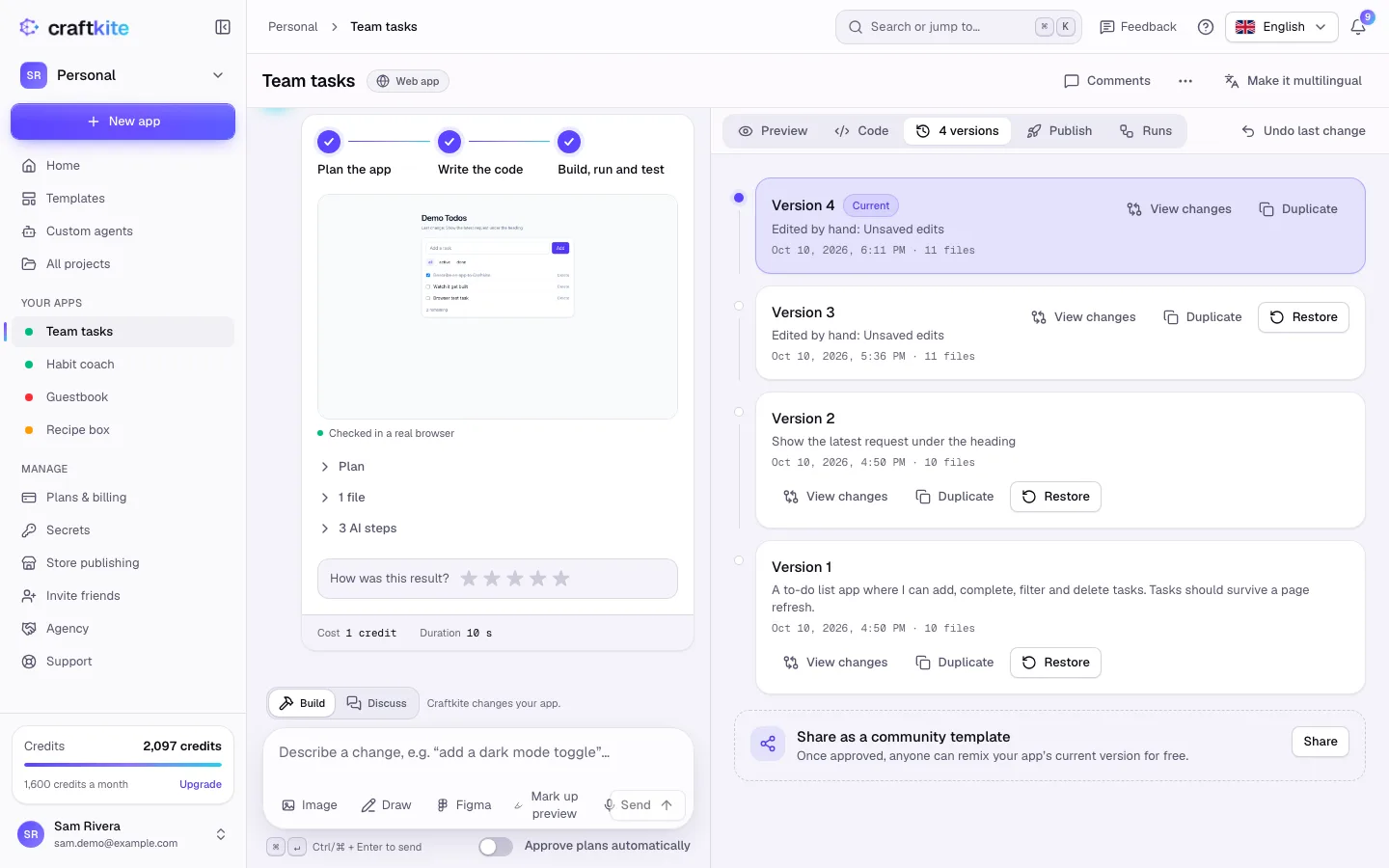 The Versions tab with two versions, Restore and View changes