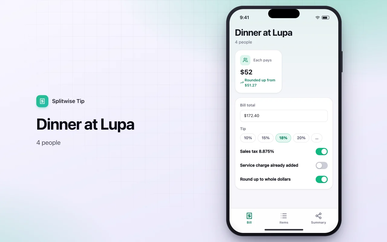 Tip and bill splitter: the Dinner at Lupa screen