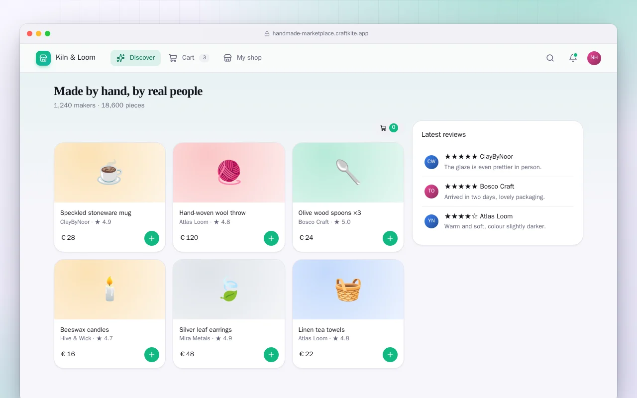 Handmade goods marketplace: the Made by hand, by real people screen