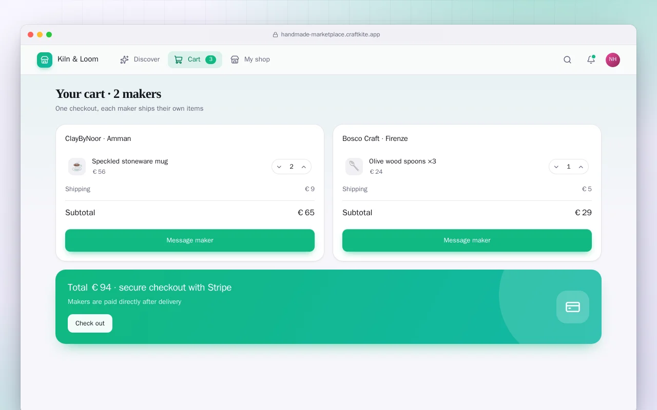 Handmade goods marketplace: the Your cart · 2 makers screen