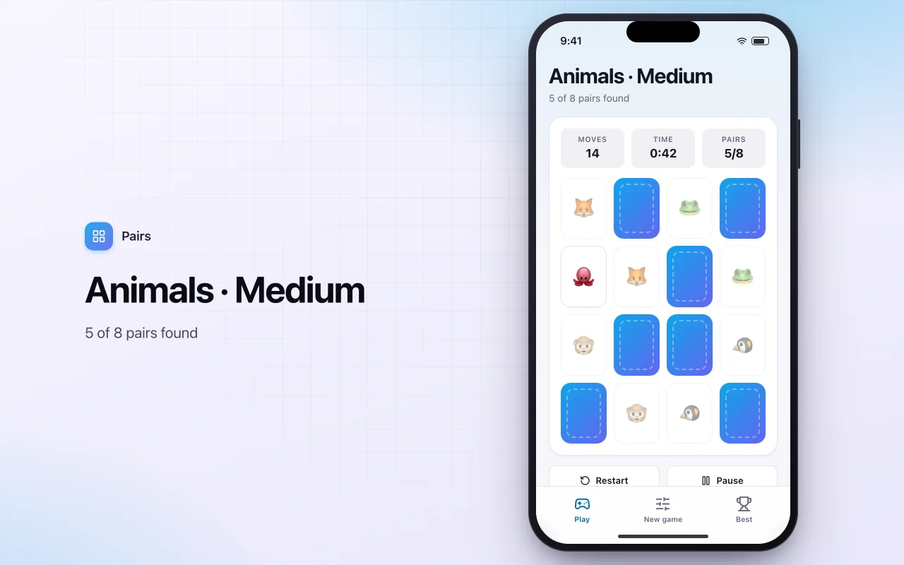 Memory match cards: the Animals · Medium screen