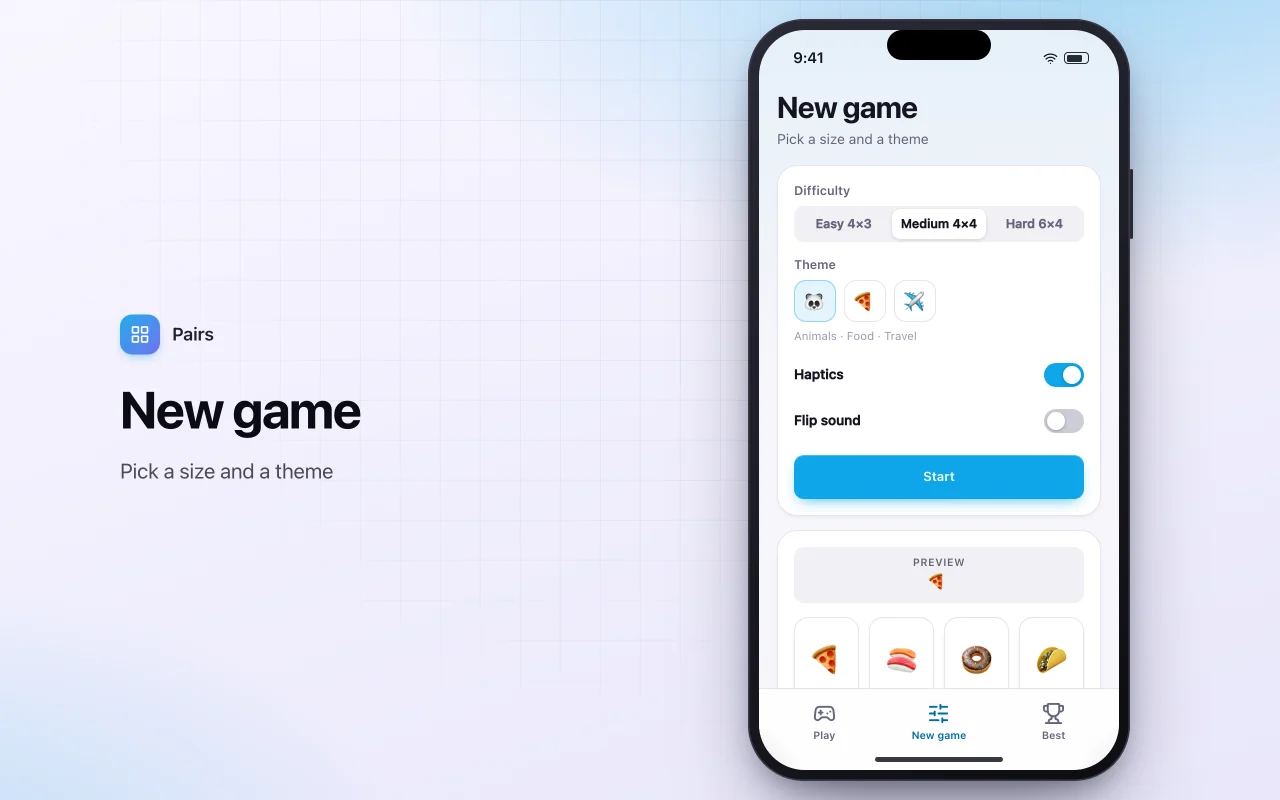 Memory match cards: the New game screen
