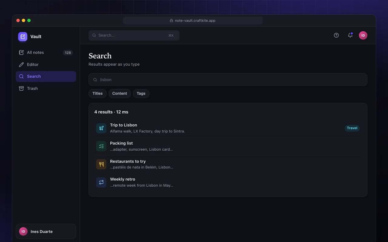 Note vault: the Search screen