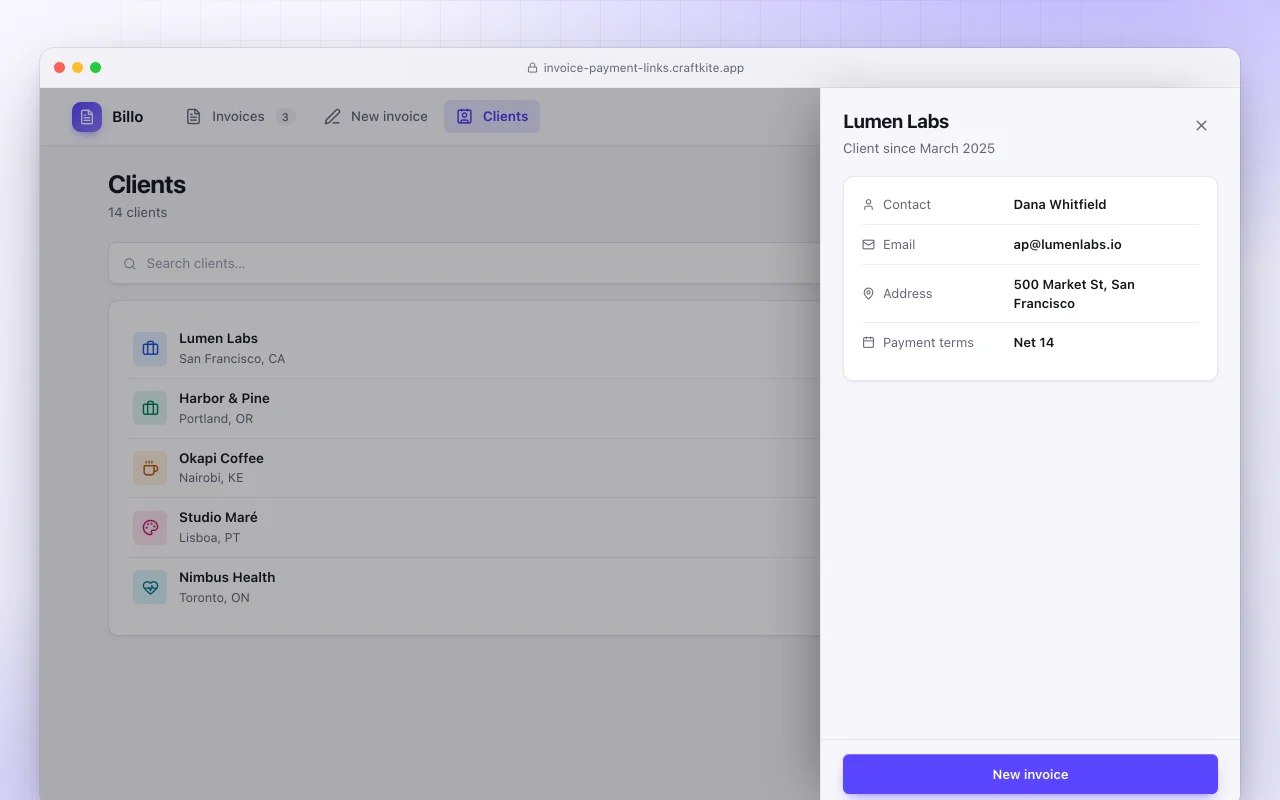 Invoice generator with payment links: the Clients screen