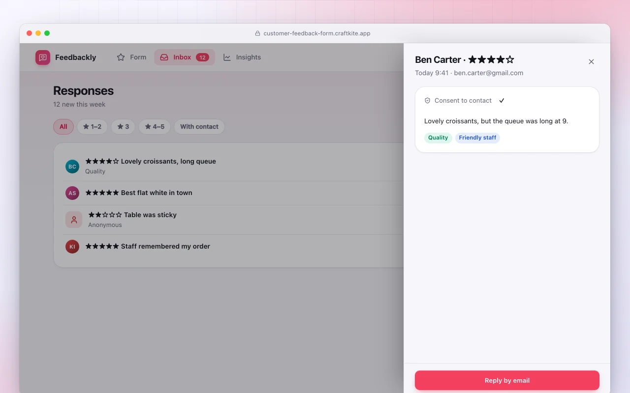 Customer feedback form: the Responses screen