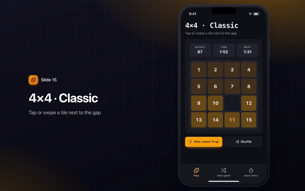 Sliding tile puzzle: the 4×4 · Classic screen