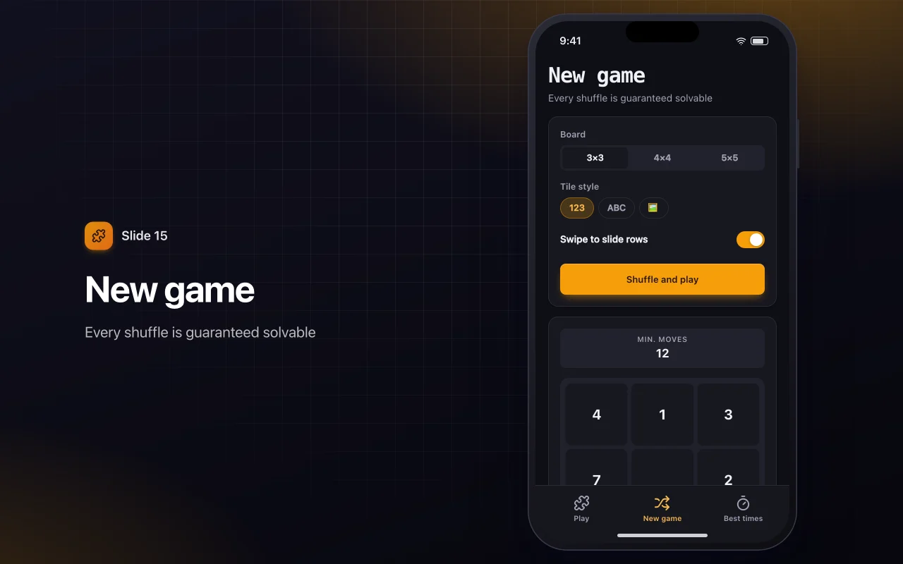 Sliding tile puzzle: the New game screen
