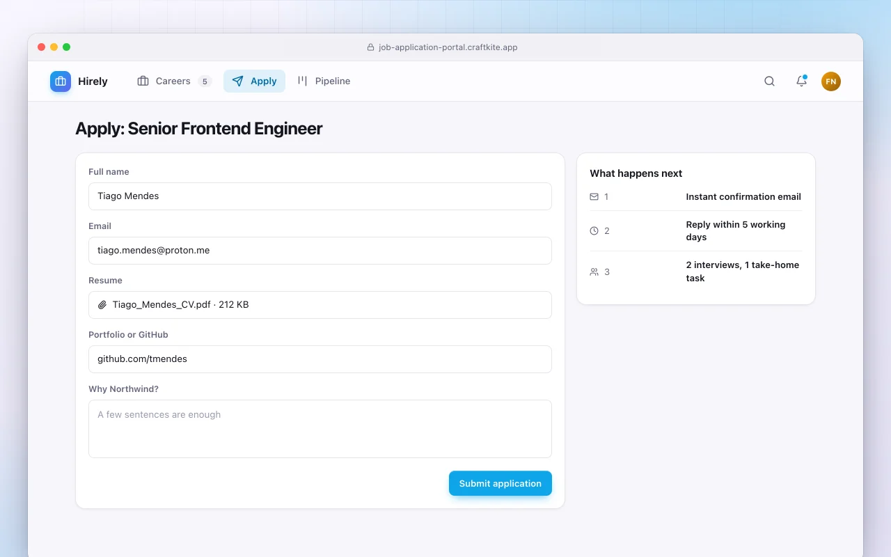 Job application portal: the Apply: Senior Frontend Engineer screen