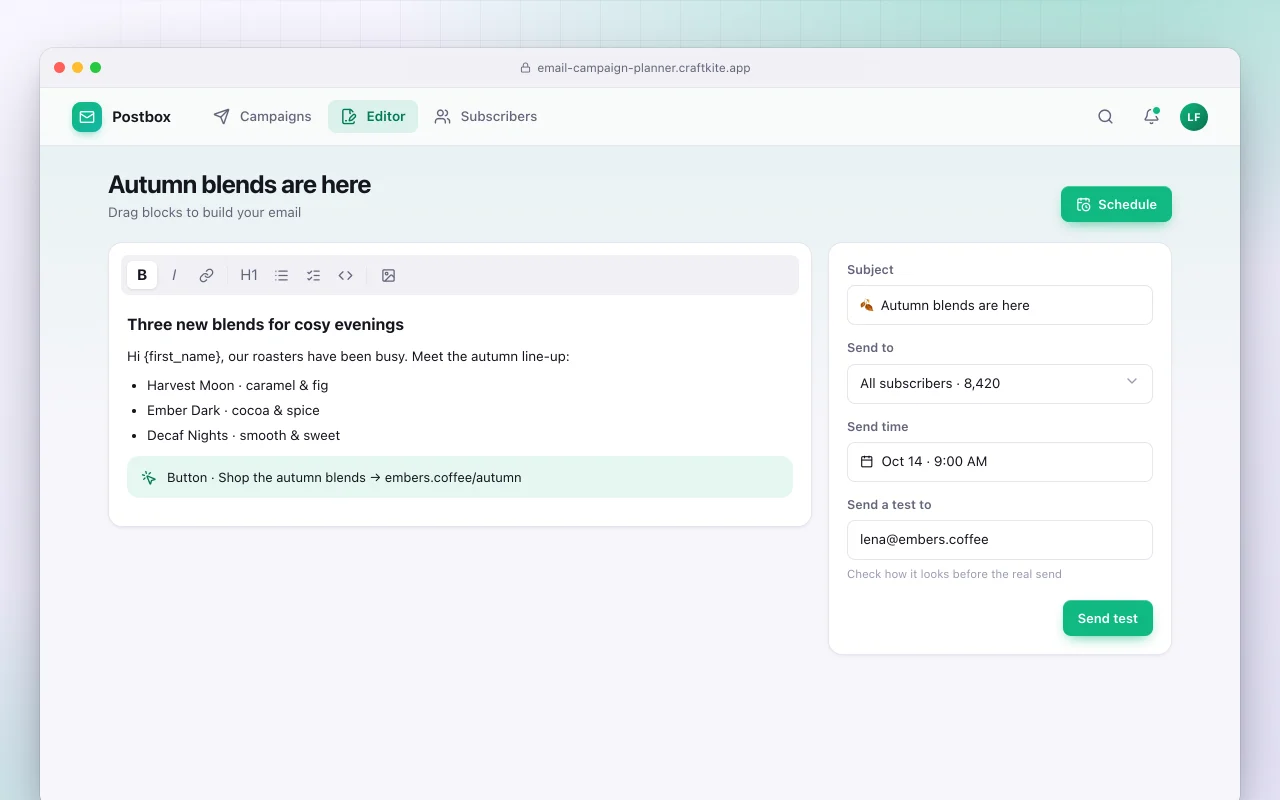 Email campaign planner: the Autumn blends are here screen
