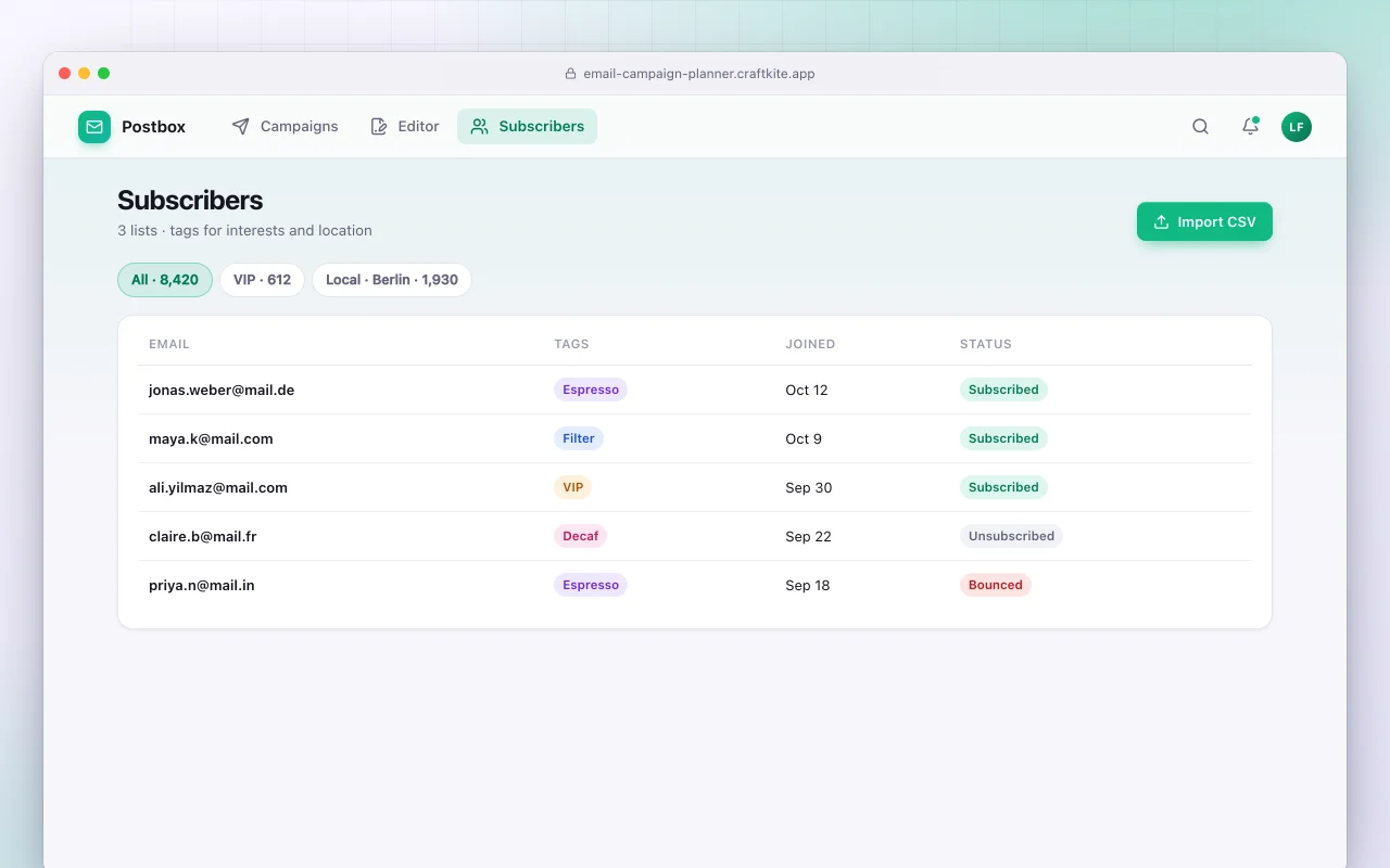 Email campaign planner: the Subscribers screen