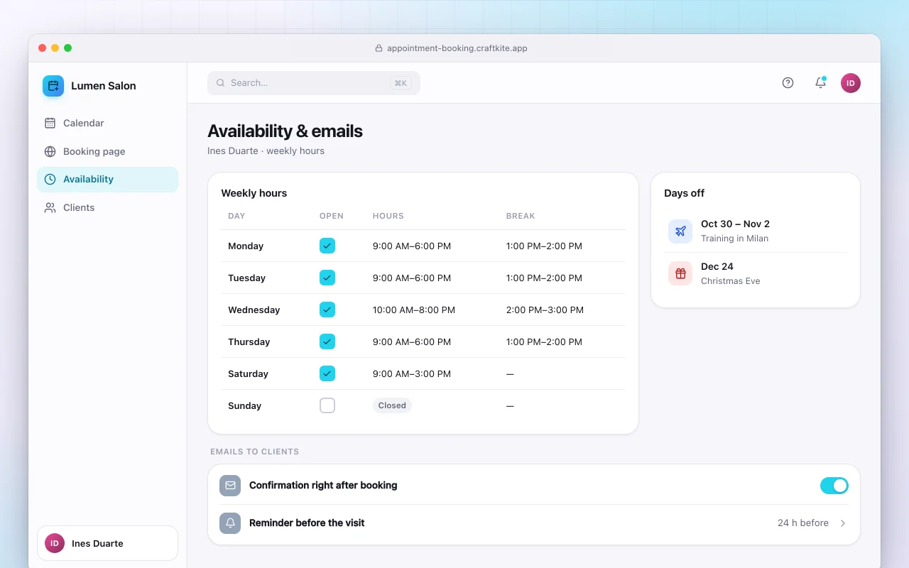 Appointment booking: the Availability & emails screen