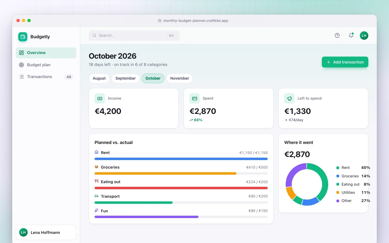 Monthly budget planner: the October 2026 screen