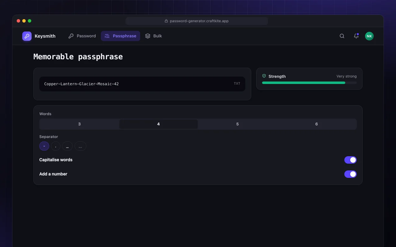 Password generator: the Memorable passphrase screen
