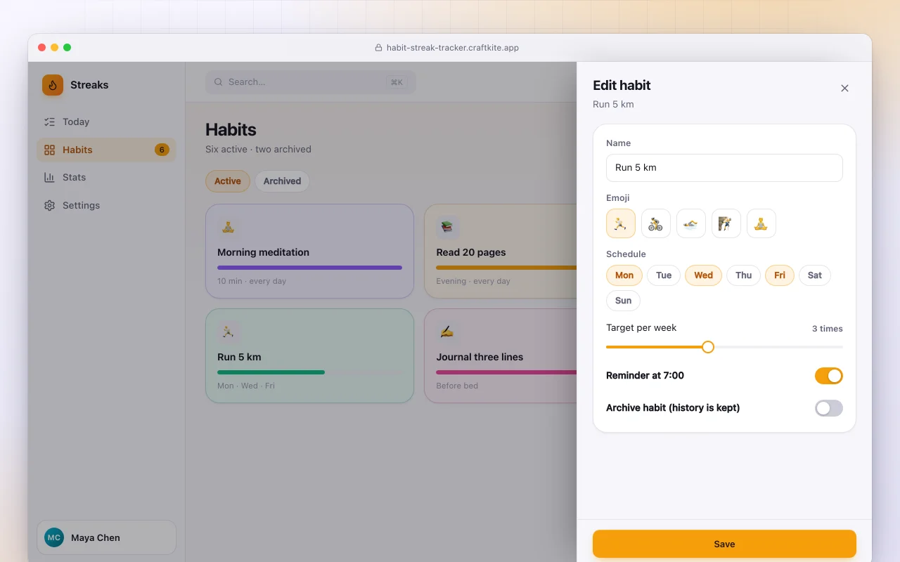 Habit streak tracker: the Habits screen