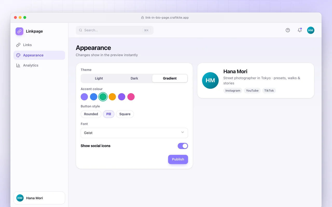 Link-in-bio page: the Appearance screen