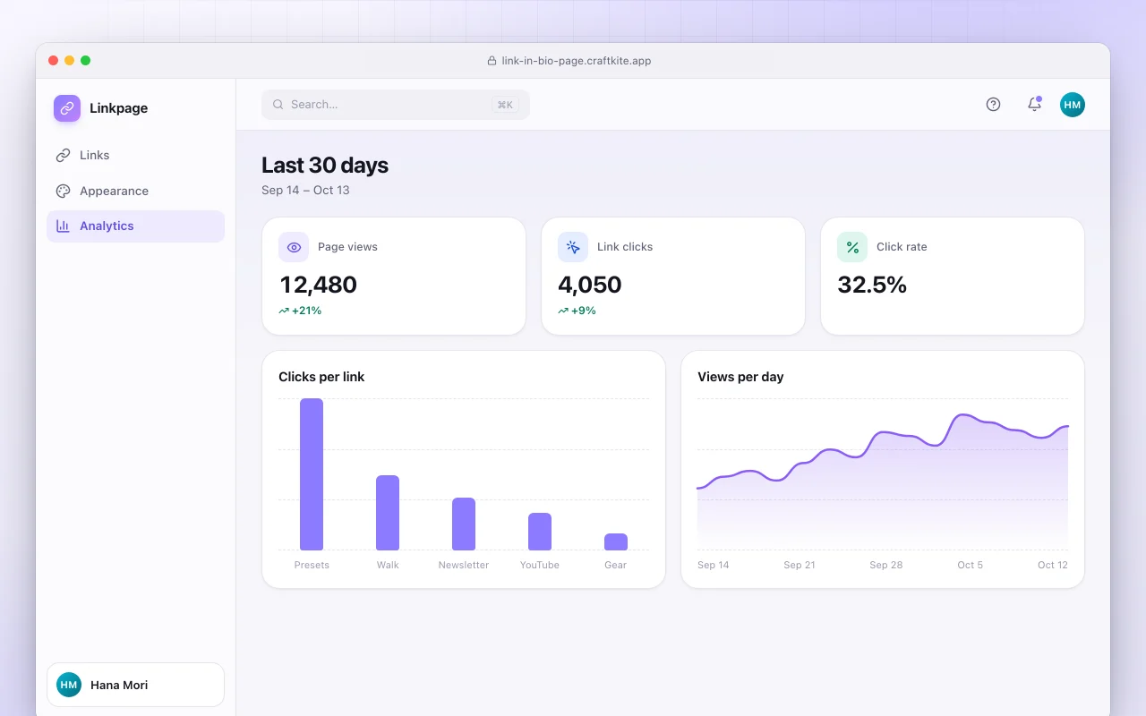 Link-in-bio page: the Last 30 days screen