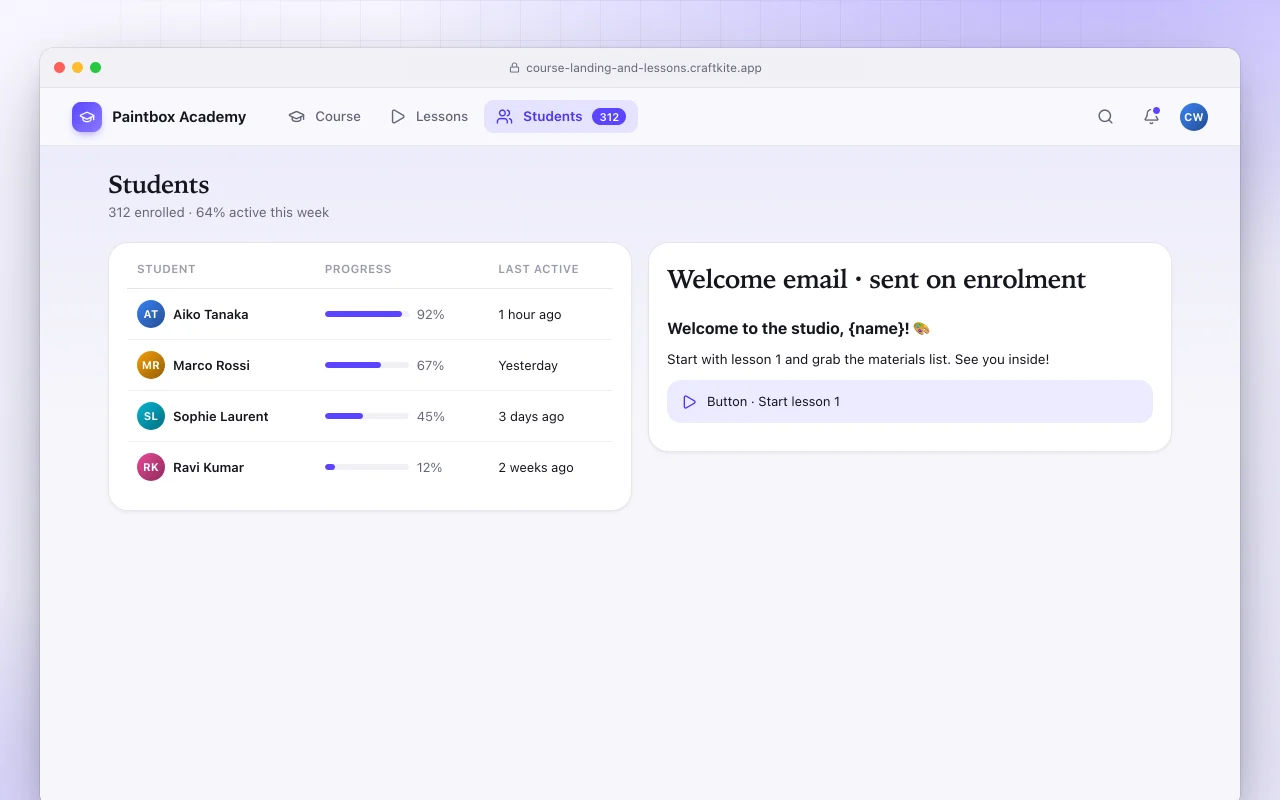 Online course platform: the Students screen