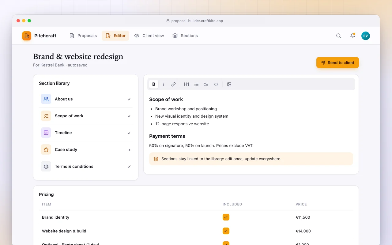 Proposal builder: the Brand & website redesign screen