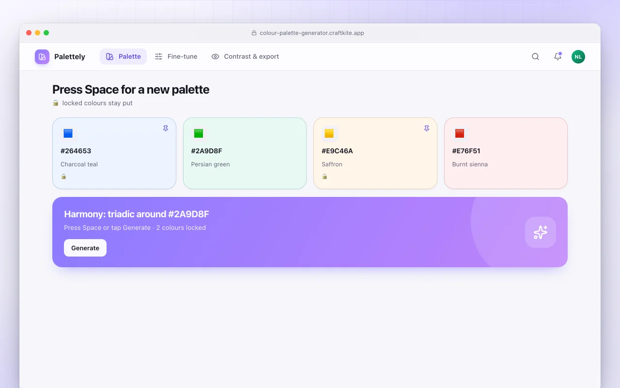 Colour palette generator: the Press Space for a new palette screen