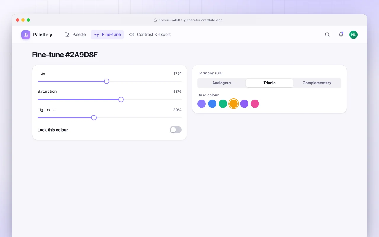 Colour palette generator: the Fine-tune #2A9D8F screen