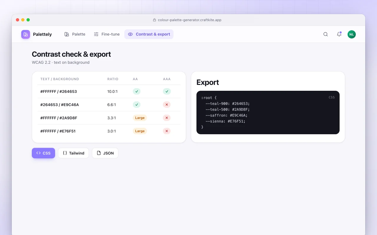 Colour palette generator: the Contrast check & export screen