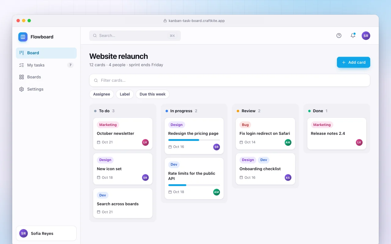 Kanban task board: the Website relaunch screen