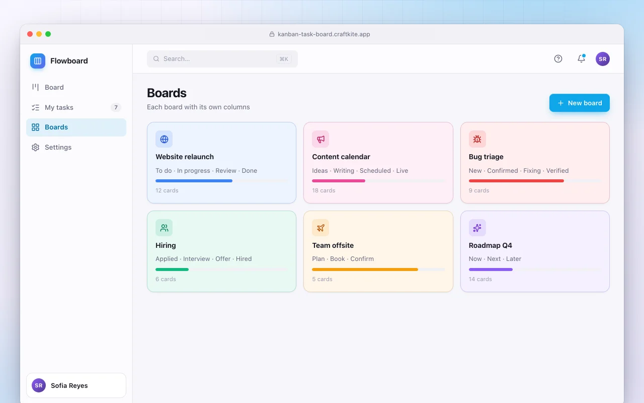 Kanban task board: the Boards screen