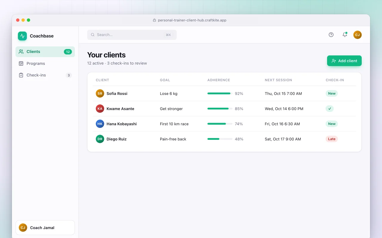 Personal trainer client hub: the Your clients screen