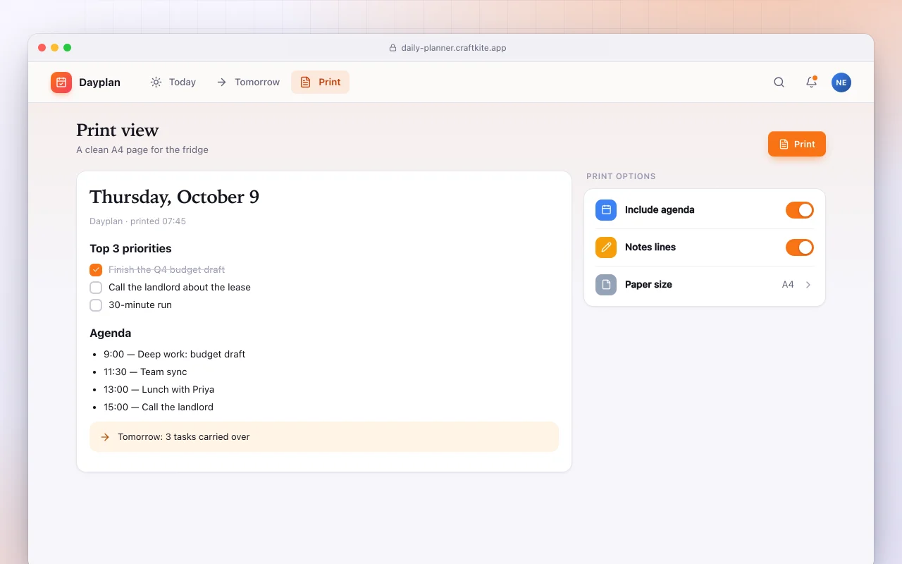 Daily planner: the Print view screen