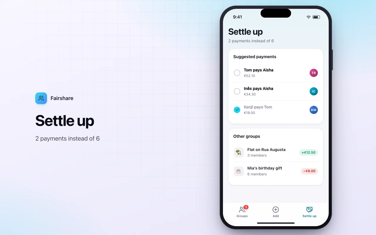 Split bills with friends: the Settle up screen