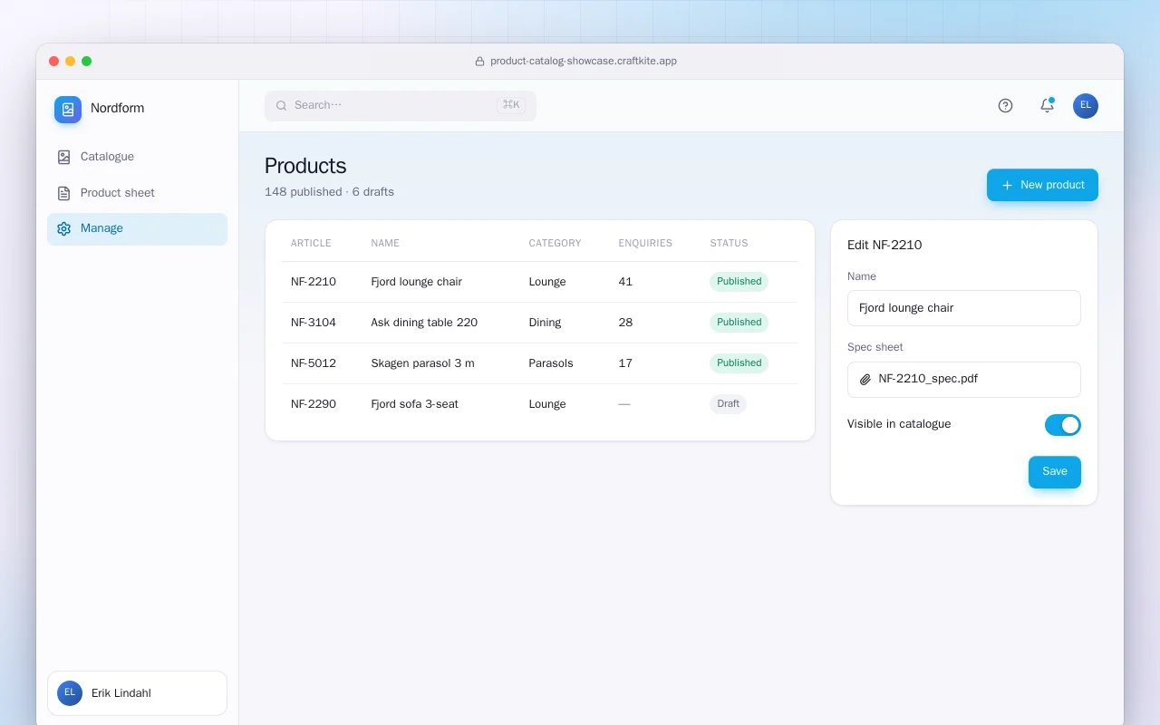 Product catalogue showcase: the Products screen
