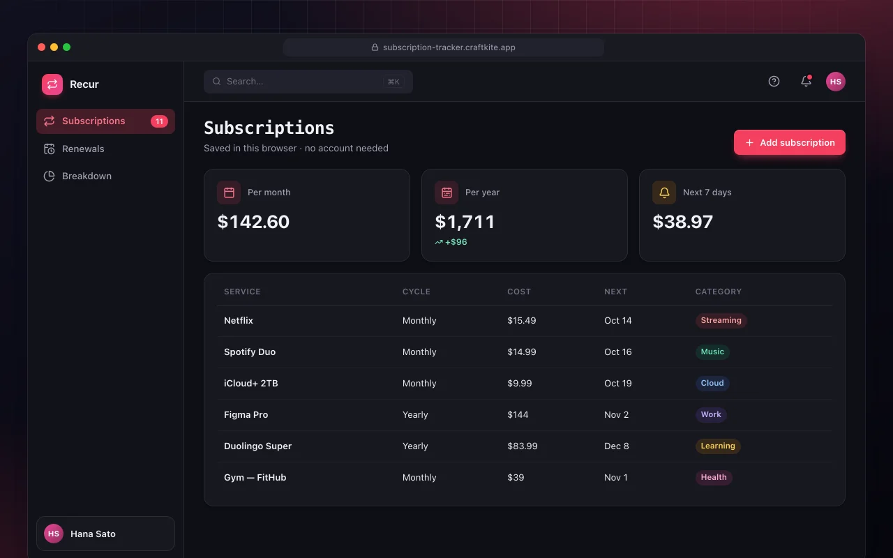 Subscription tracker: the Subscriptions screen