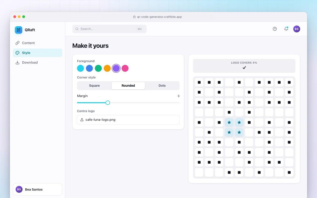 QR code generator: the Make it yours screen