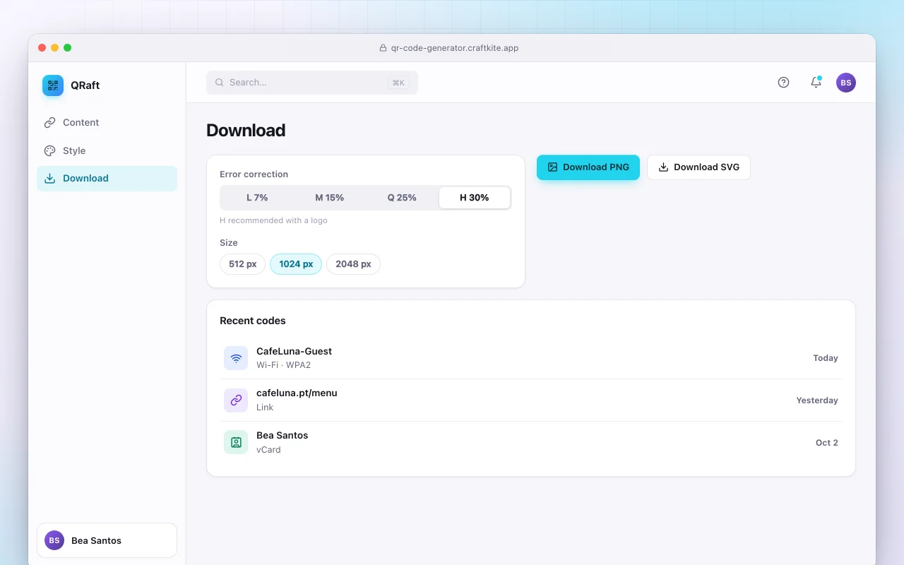 QR code generator: the Download screen