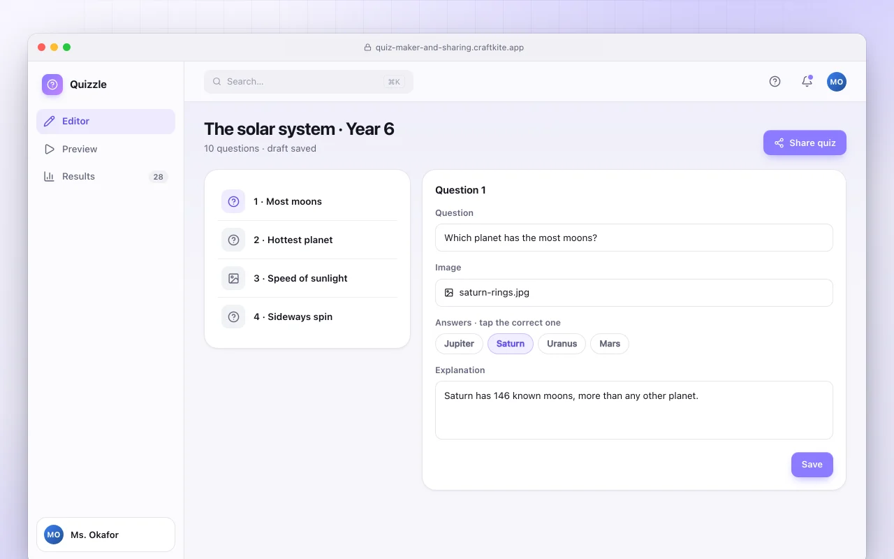 Quiz maker with share links: the The solar system · Year 6 screen