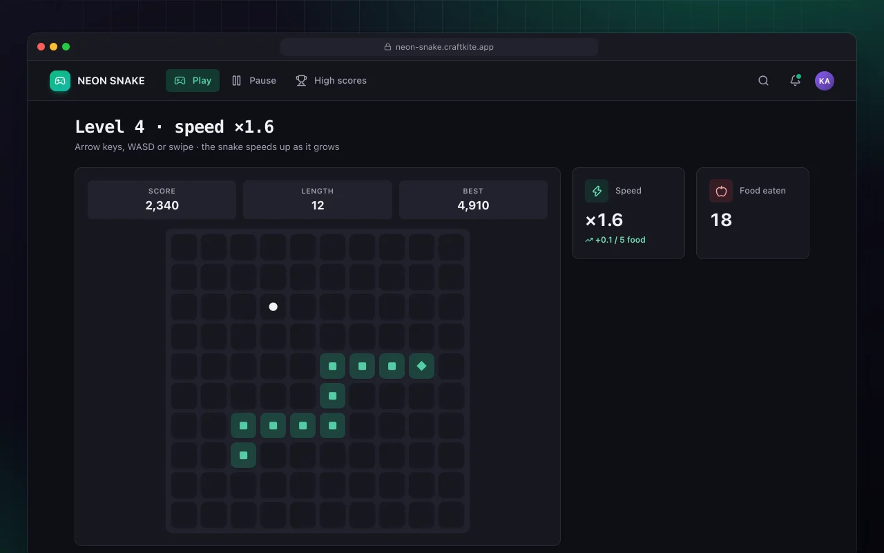 Neon snake: the Level 4 · speed ×1.6 screen