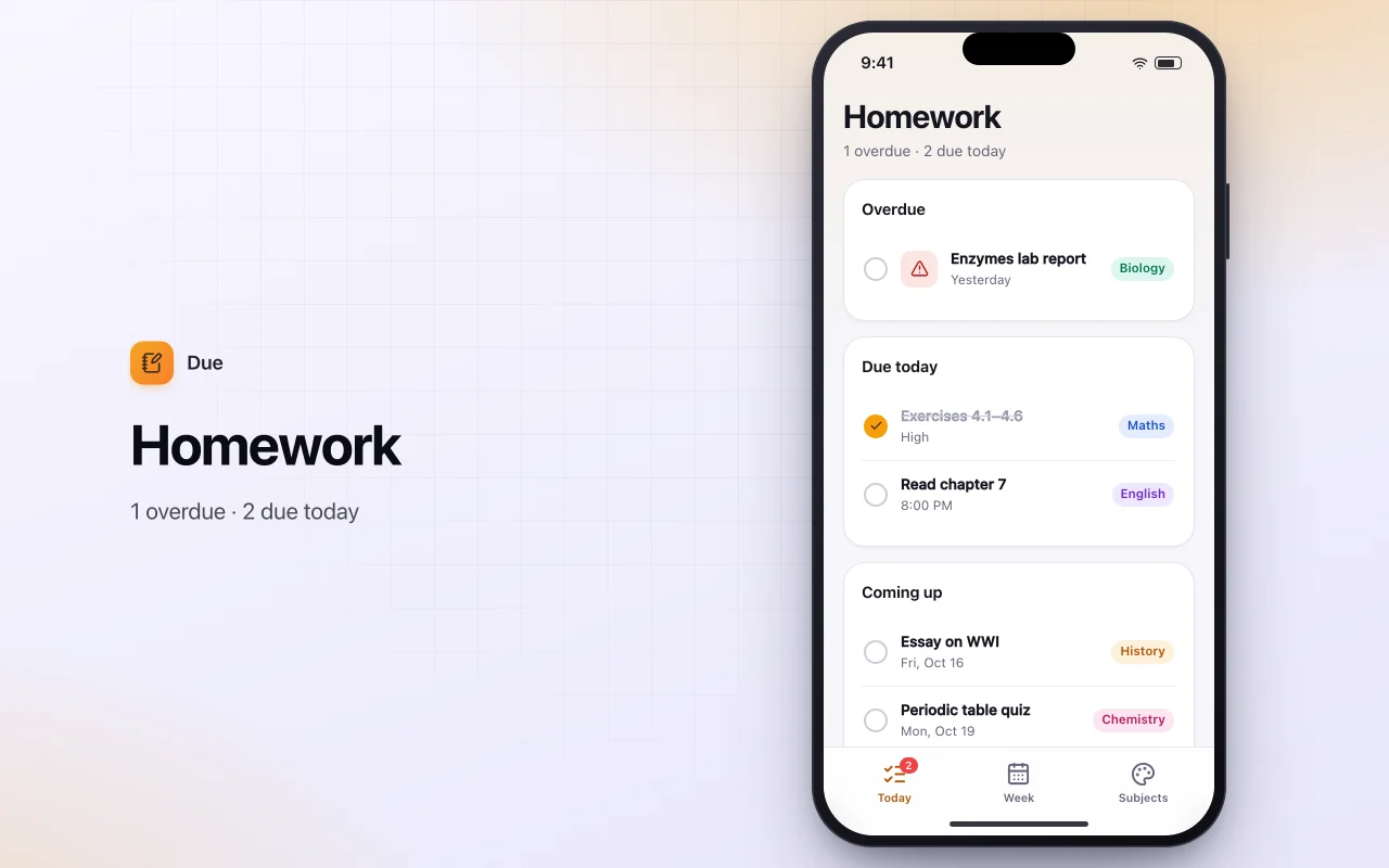 Homework planner: the Homework screen