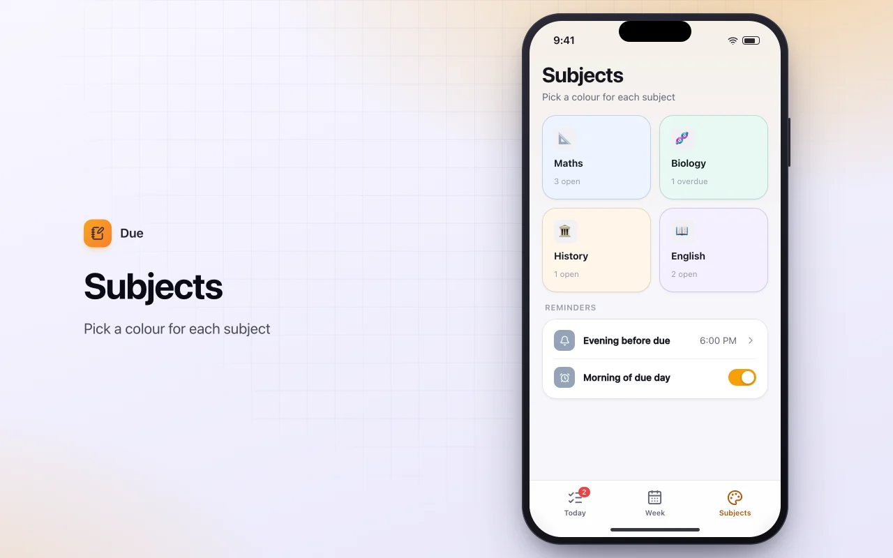 Homework planner: the Subjects screen
