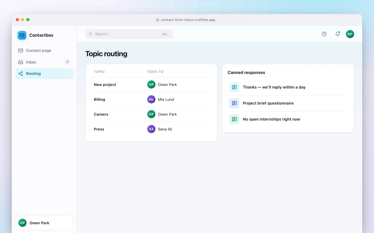 Contact form with inbox: the Topic routing screen