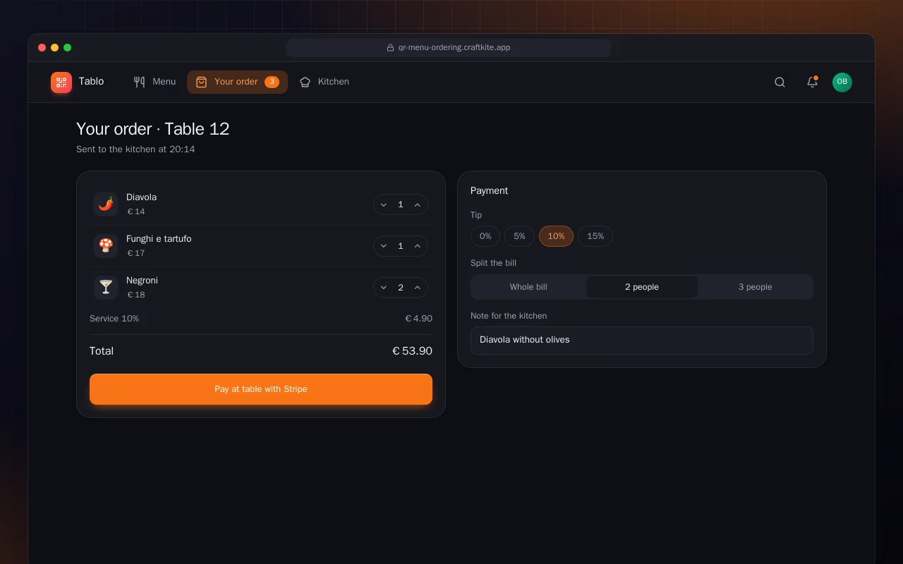 QR menu and table ordering: the Your order · Table 12 screen